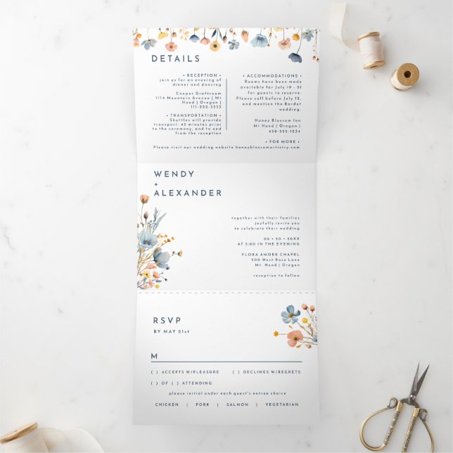 Invitation Trois Volets Mariage floral élégant tout en un (Intérieur)