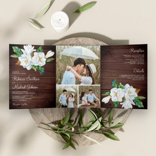 Invitation Trois Volets Mariage Floral en Bois de Grange Magnolia Blanc Ru