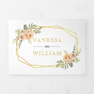 Invitation Trois Volets Mariage floral géométrique or