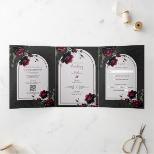 Invitation Trois Volets Mariage floral gris ombragé aux roses rouges de Bo