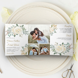 Invitation Trois Volets Mariage Floral Ivoire Or Rustique Verdure
