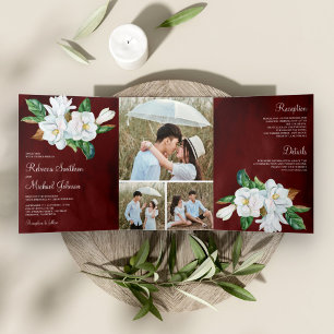 Invitation Trois Volets Mariage Floral Magnolia Blanc Rustique Bourgogne