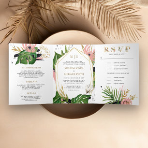 Invitation Trois Volets Mariage Floral Rose Doré Tropical Sauvage