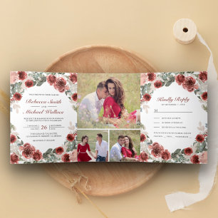 Invitation Trois Volets Mariage Floral Rustique Marsala Photo Collage