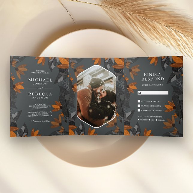 Invitation Trois Volets Mariage Floral Terracotta Orange Terreux Rustique (Créateur téléchargé)