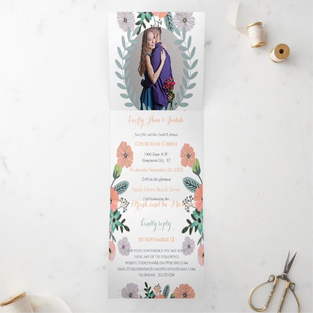 Invitation Trois Volets Mariage Floral Vert Menthe et Lavande Amour Pêche (Intérieur)