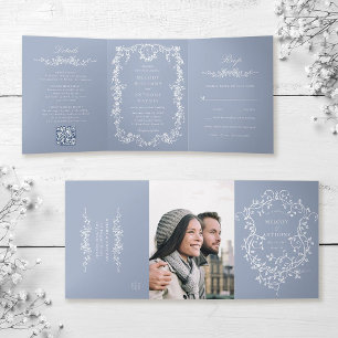Invitation Trois Volets Mariage Floral Victorien Classique Bleu Poussiéreu