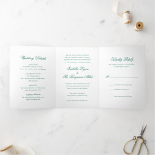 Invitation Trois Volets Mariage Formel Élégant Vert Émeraude Traditionnel