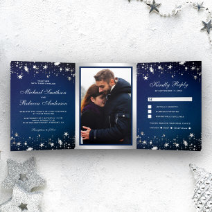 Invitation Trois Volets Mariage Galaxie Bleu Minuit Confettis Silver Stars