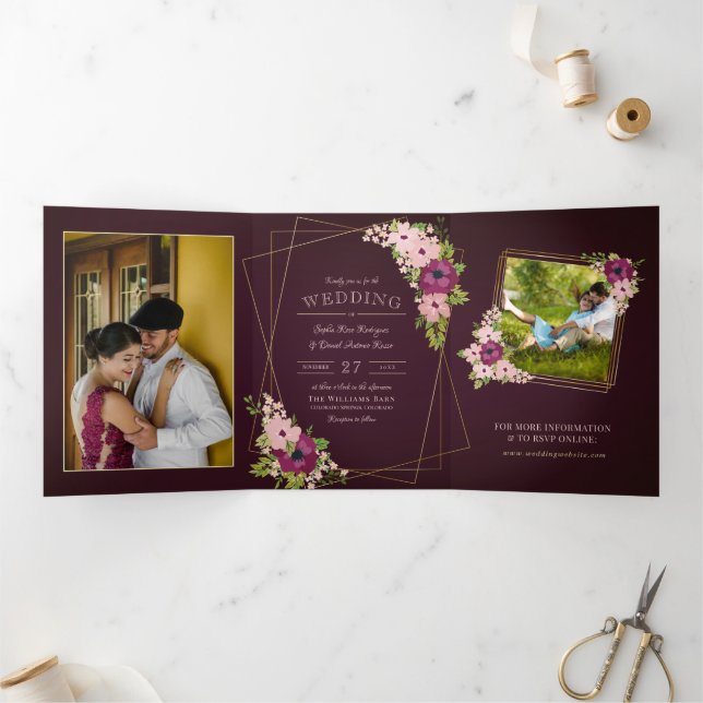Invitation Trois Volets Mariage géométrique Bourgogne et Fleurs rousses (Intérieur)