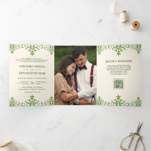 Invitation Trois Volets Mariage indien avec code QR à motif damassé vert i