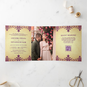 Invitation Trois Volets Mariage indien avec code QR Damassé Violet Rustiqu