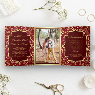 Invitation Trois Volets Mariage indien de style Bollywood à motifs paisley
