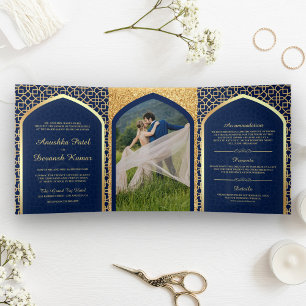 Invitation Trois Volets Mariage Indien de Style Bollywood Bleu et Or