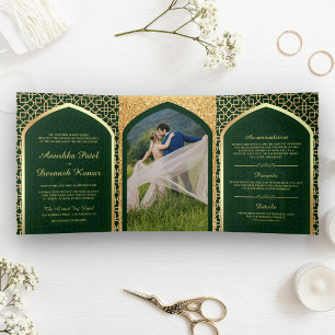 Invitation Trois Volets Mariage indien de style Bollywood vert et or