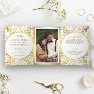 Invitation Trois Volets Mariage indien ethnique mandala blanc et or