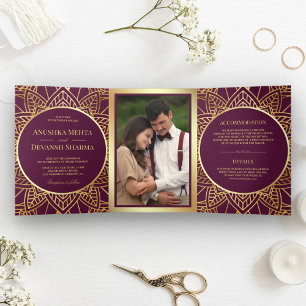 Invitation Trois Volets Mariage Indien Ethnique Mandala Or et Prune