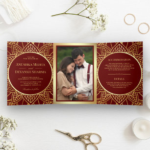 Invitation Trois Volets Mariage indien ethnique Mandala rouge et or