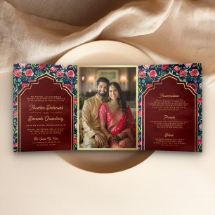 Invitation Trois Volets Mariage Indien Fleurs Roses Rouges Bleu Marine Or