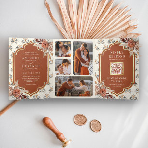 Invitation Trois Volets Mariage indien floral orange brûlé en terre cuite