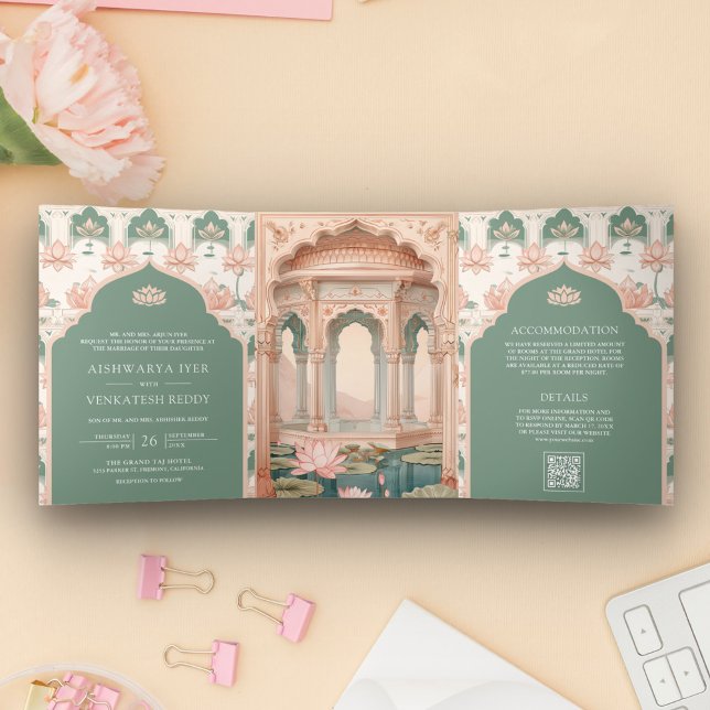 Invitation Trois Volets Mariage indien Lotus Pond Pond Pink (Créateur téléchargé)