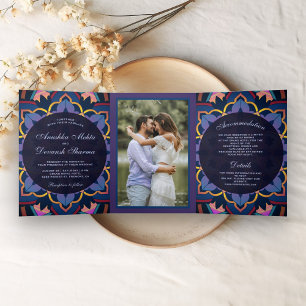 Invitation Trois Volets Mariage indien mandala photo bleu jaune violet