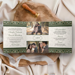 Invitation Trois Volets Mariage indien tout-en-un avec une bordure verte i