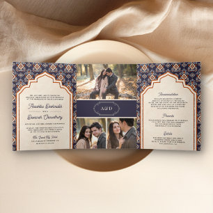 Invitation Trois Volets Mariage indien tout-en-un Ikat Orange Violet