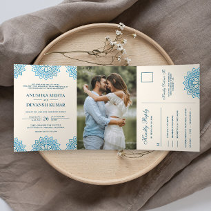 Invitation Trois Volets Mariage indien traditionnel mandala bleu élégant