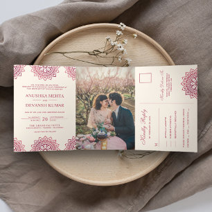 Invitation Trois Volets Mariage indien traditionnel mandala rose élégant