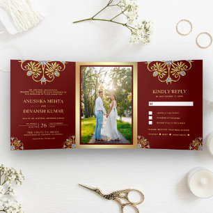 Invitation Trois Volets Mariage Indien Traditionnel Mandala Rouge et Or