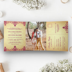 Invitation Trois Volets Mariage indien traditionnel rose damassé vintage