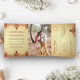 Invitation Trois Volets Mariage indien traditionnel vintage rouge damas