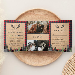 Invitation Trois Volets Mariage Kraft Rustique Rouge à carreaux de Buffalo