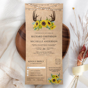 Invitation Trois Volets Mariage Kraft Rustique Tournesols Floraux Bois de