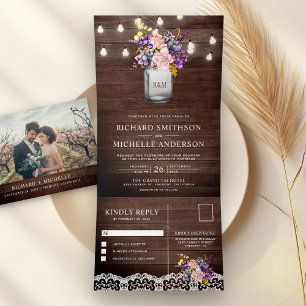 Invitation Trois Volets Mariage Lilac Pink Roses Mason Jar