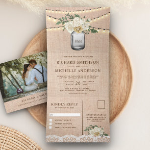 Invitation Trois Volets Mariage Lumière de Corde en Pot Mason Floral Crème