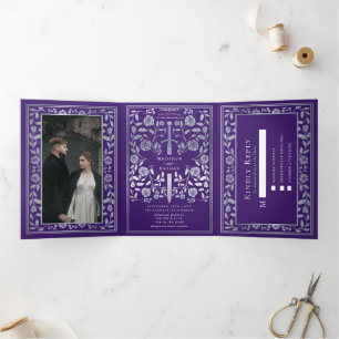 Invitation Trois Volets Mariage médiéval royal d'épée violet et argenté