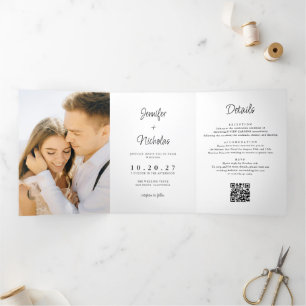 Invitation Trois Volets Mariage minimal moderne RSVP détails QR Code photo
