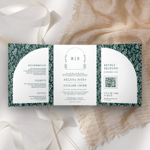 Invitation Trois Volets Mariage minimaliste en vert émeraude avec feuille