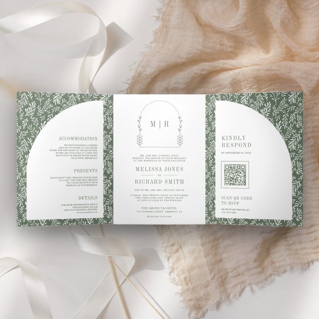 Invitation Trois Volets Mariage Minimaliste Ligne d'Art Feuille Arche Vert (Créateur téléchargé)