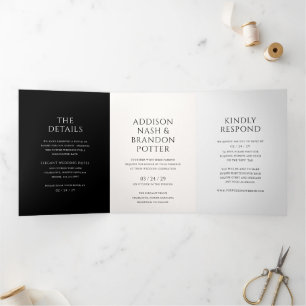 Invitation Trois Volets Mariage Moderne Élégant en Noir et Blanc
