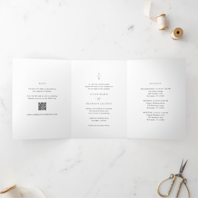 Invitation Trois Volets Mariage Moderne Monogramme Noir et Blanc (Intérieur)