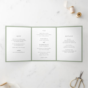 Invitation Trois Volets Mariage Moderne Monogramme Vert Sauge Élégant