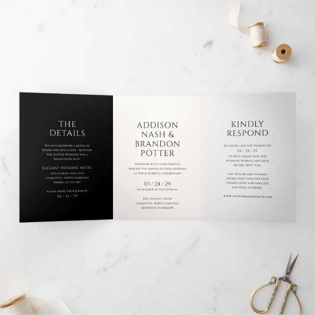 Invitation Trois Volets Mariage moderne noir et blanc élégant (Intérieur)