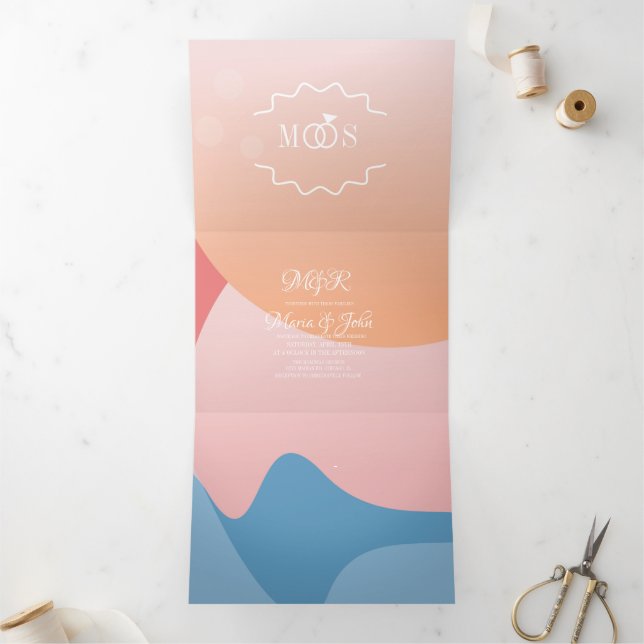 Invitation Trois Volets Mariage Moderne Organique sur les Eaux du Coucher  (Intérieur)