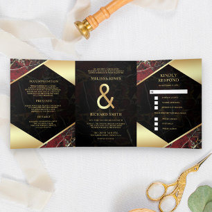 Invitation Trois Volets Mariage Moderne Rouge Bourgogne Or Marbre Esperlue