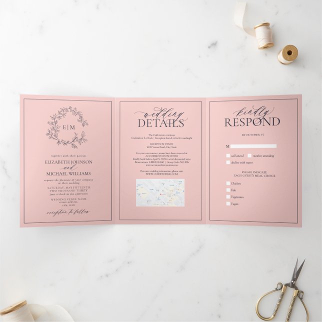 Invitation Trois Volets Mariage Monogramme bleu marine bleu brillant (Intérieur)