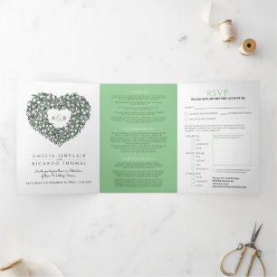 Invitation Trois Volets Mariage monogramme d'art vert tulipe blanc