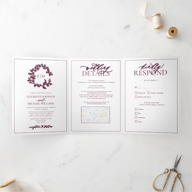 Invitation Trois Volets Mariage Monogramme de cime feutrée de Bourgogne mo (Intérieur)